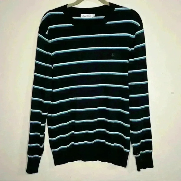 Calvin Klein Men’s Striped Sweater 100% Cotton Size Medium Classic Pullover - Picture 1 of 6